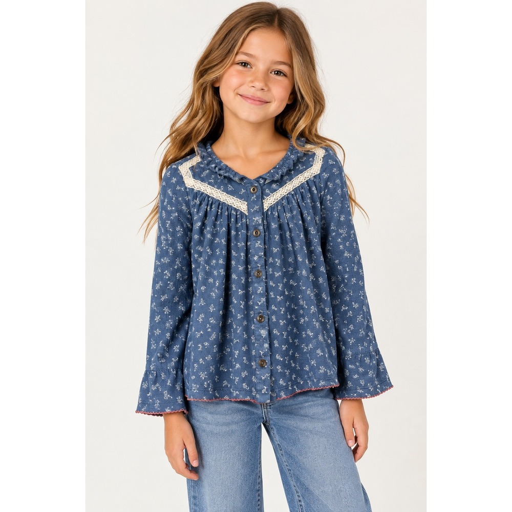 Matilda Jane Jemma Top Girls Size 10 Blue Floral Lace Ruffle Boho Blouse